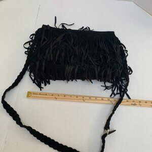 Black Faux Suede Hobo Fringe Shoulder Bag Purse